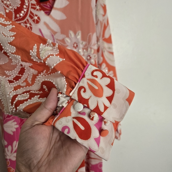 Josie Natori Mantilla Scroll Sequinned Floral Dress Orange Pink Size M/L - Picture 4 of 11